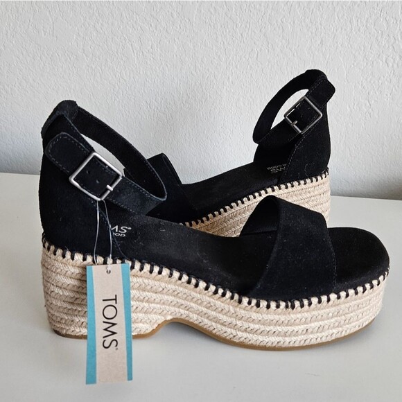 NEW Toms | Laila Espadrille Platform Sandal Black Suede, Womens 9.5 - Picture 1 of 7